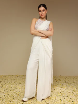 Ivory predraped pant saree with embroidered blouse