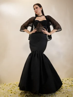 Black Embroidered Corset Set with Jacket & Balloon Skirt Organza