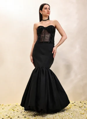 Black Embroidered Corset Set with Balloon Skirt Organza Taffeta Sweetheart