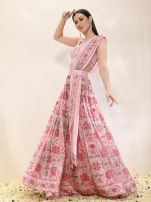 Printed lehenga set with a embroidred blouse and waistbelt