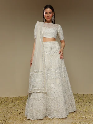 Ivory Embroidered Lehenga Set with Organza Dupatta High Neck Elbow Sleeve