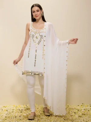 Ivory Hand Embroidered Kurta Set with Dupatta Georgette Lycra Chudidar