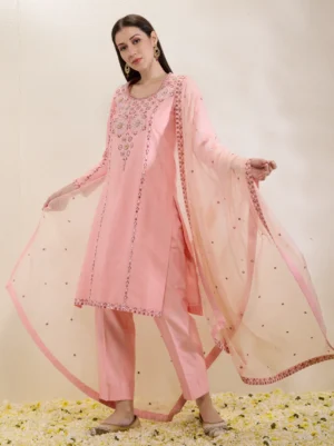 Pink Hand Embroidered Kurta Set with Organza Dupatta Spun Silk Pants
