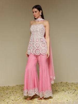 Pink Organza Kurta Sharara Set with Embroidered Detail Tube Sleeveless