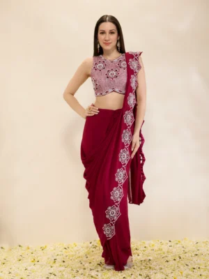 Wine pre draped embroidered saree