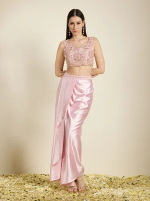 Dusty Rose Pre Draped Skirt Set with 3D Embroidered Cape Organza Satin