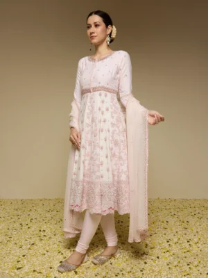 Ivory Pink Panelled Kalidar Kurta Set with Jaali Jacket Organza Dupatta