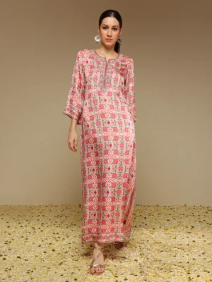 Printed and embroidered long kurta with side slits