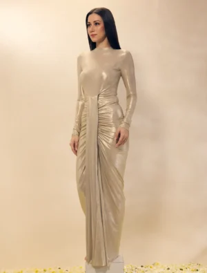 Gold Lycra Draped Gown with Resin Bust Plate High Neck Full Sleeves