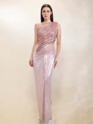 Pink Lycra Draped Gown with Resin Bodice Plate One Shoulder Statement