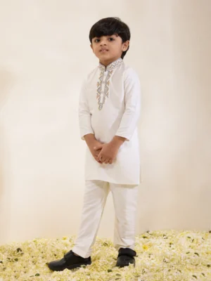 Ivory Embroidered Collar Kurta Set with Narrow Pants