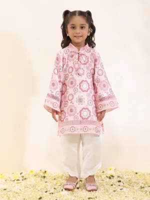 Pink Floral Printed Kurta Set with Straight Pants for Girls