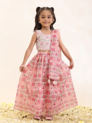 Printed lehenga with embroidered choli and dupatta