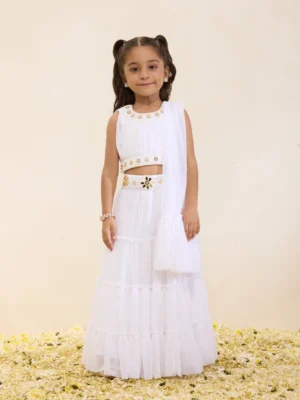 Ivory Spun Silk Embroidered Lehenga Choli with Ruffled Dupatta for Girls