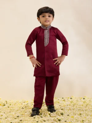 Maroon Embroidered Placket Sherwani Set with Narrow Pants