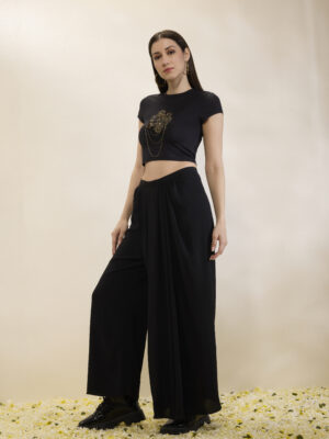 Black 3D Hand Embroidered Crop Top in Lycra High Neck Short Sleeves