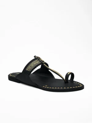 Black Gold Ethnic Flat Sandal - Kolhapuri Sandals & Ethnic Footwear for Women