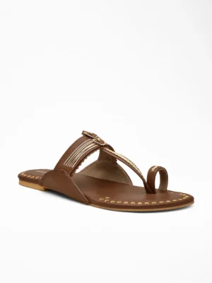Tan Gold Ethnic Flat Sandal - Kolhapuri Sandals & Ethnic Footwear for Women