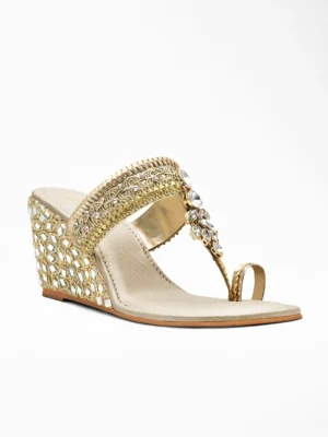 Gold Glass Leaf Wedge Sandal - Bridal Heels & Ethnic Heels for Women