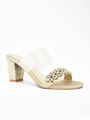 Gold Crystal Pearl Block Heel Mule - Bridal Heels & Embellished Heels for Women