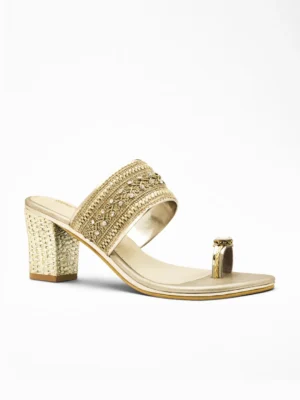 Gold Zardozi Block Heel Sandal - Bridal Heels & Embellished Heels for Women
