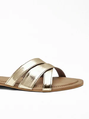 Gold Cross-Strap Flat Slide - Flat Sandals Women & Gold Heels for Women
