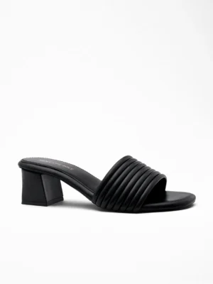 Black Pleated Block Heel Mule - Block Heels Women & Black Heels for Women