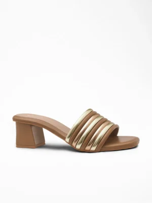 Tan Gold Pleated Block Heel Mule - Block Heels Women & Tan Heels for Women