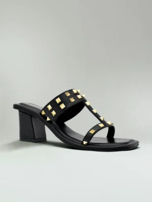 Black Gold Stud Block Heel Mule - Block Heels Women & Embellished Heels for Women