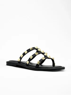 Black Gold Stud Flat Slide Sandal - Flat Sandals Women & Embellished Sandals for Women
