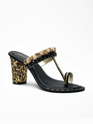 Black Gold Kundan Block Heel Sandal - Ethnic Heels & Bridal Heels for Women