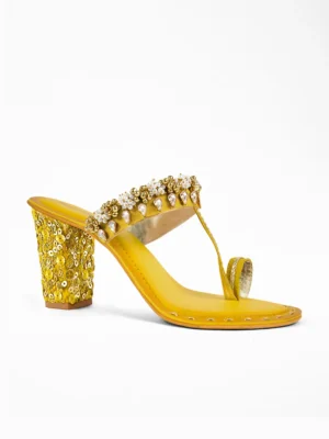 Gold Yellow Kundan Block Heel Sandal - Ethnic Heels & Bridal Heels for Women