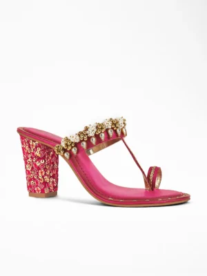 Pink Kundan Block Heel Sandal - Ethnic Heels & Bridal Heels for Women