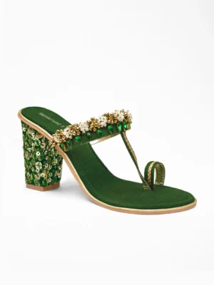 Green Pearl Bead Ethnic Flat Sandal - Ethnic Heels & Bridal Sandals for Women