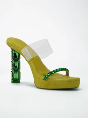 Green Crystal Jewel Heel Wedge Mule - Wedge Heels Women & Embellished Heels for Women