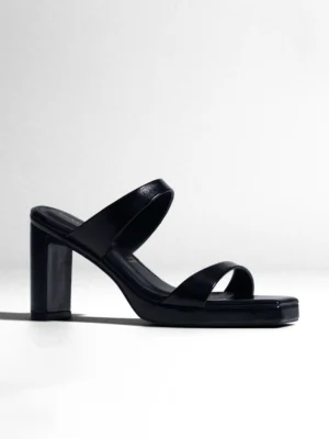 Black Double Strap Block Heel Mule - Block Heels Women & Black Heels for Women