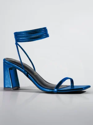 Blue Metallic Ankle Wrap Block Heel - Block Heels Women & Ankle Strap Heels for Women