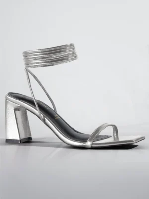 Silver Metallic Ankle Wrap Block Heel - Block Heels Women & Ankle Strap Heels for Women