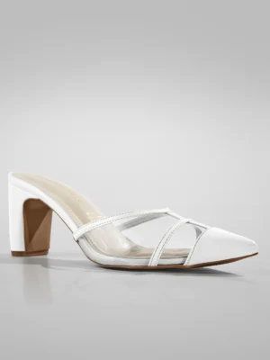 White Cage Strap Block Heel Mule - Block Heels Women & White Heels for Women