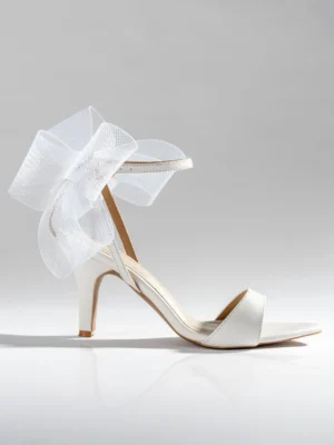 Ivory Satin Bow Ankle Strap Kitten Heel - Heels for Women & Ankle Strap Heels for Women