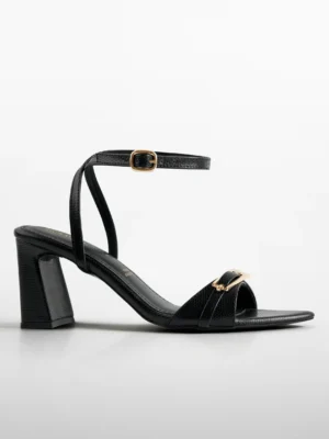 Black Gold Clasp Open Toe Heel Sandal - Heels for Women & Ankle Strap Heels for Women