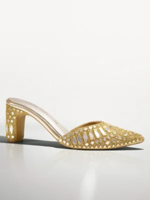 Gold Mirror Work Block Heel Mule - Embellished Heels & Ethnic Heels for Women