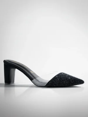 Black Crystal Toe Block Heel Mule - Embellished Heels & Block Heels for Women