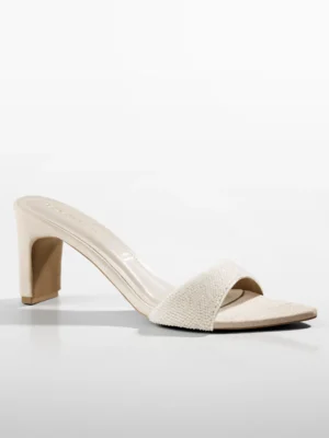 Ivory Crystal Embellished Block Heel Mule - Block Heels Women & Bridal Heels for Women