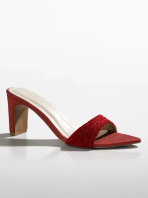 Red Crystal Embellished Block Heel Mule - Block Heels Women & Embellished Heels for Women