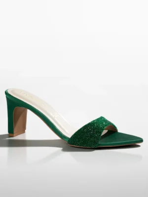 Green Crystal Embellished Kitten Heel Mule - Heels for Women & Embellished Heels for Women