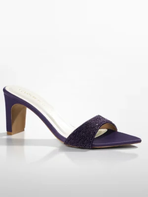 Purple Crystal Embellished Kitten Heel Mule - Heels for Women & Embellished Heels for Women