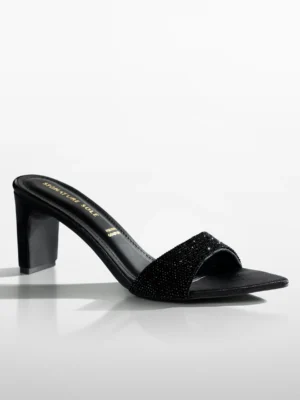 Black Crystal Embellished Kitten Heel Mule - Heels for Women & Embellished Heels for Women