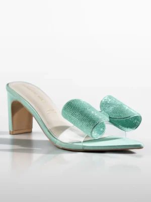 Mint Crystal Bow Transparent Kitten Heel - Heels for Women & Embellished Heels for Women