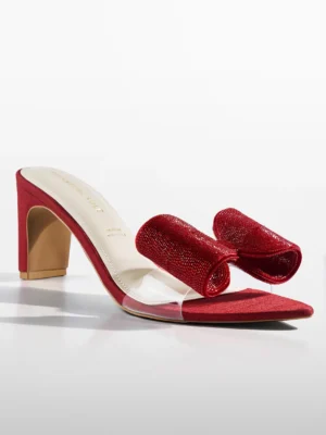 Red Crystal Bow Satin Kitten Heel - Heels for Women & Embellished Heels for Women
